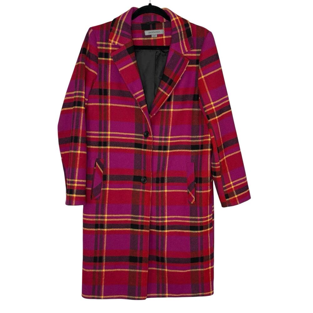 Basement Long Over Coat Wool Blend Retro 90s Plaid Colorful Size S Pink